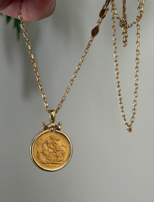 22K Gold Sovereign Coin Necklace - 14K Gold Chain - Vintage Coin Pendant - Handmade Fine Jewelry