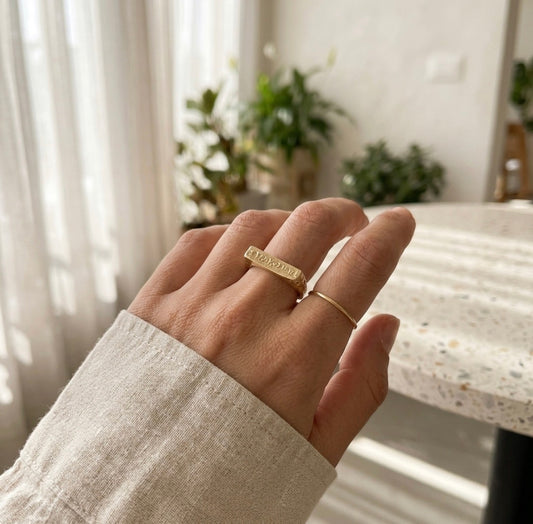 14K Solid Gold Raw Texture Square Ring – Handcrafted Minimalist Statement Piece