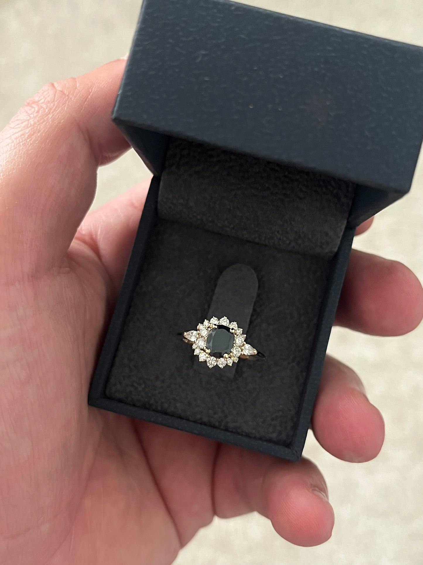 14k Gold Teal Blue Sapphire Ring with Diamond Halo