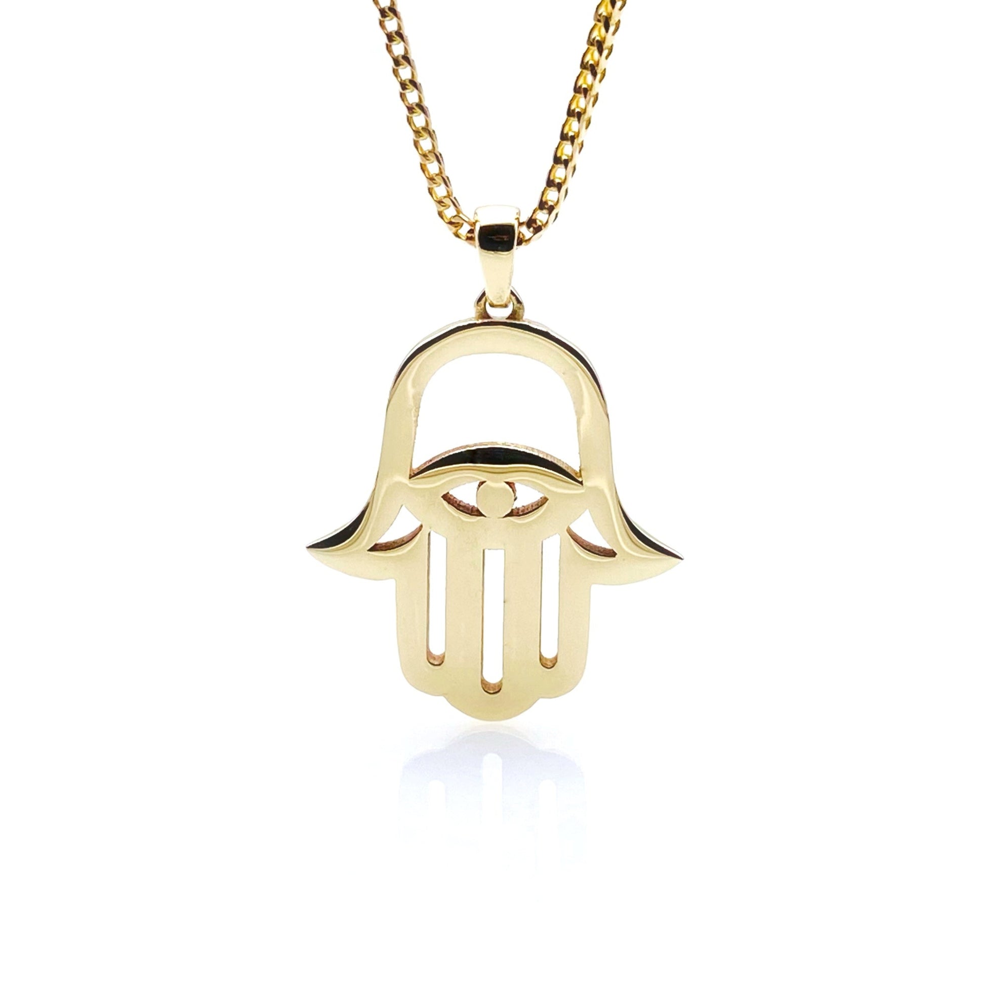 A 14k gold Hamsa necklace with a yellow gold chain and a pendant in the shape of a Hamsa hand.