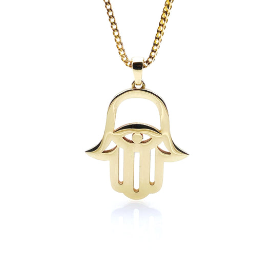A 14k gold Hamsa necklace with a yellow gold chain and a pendant in the shape of a Hamsa hand.