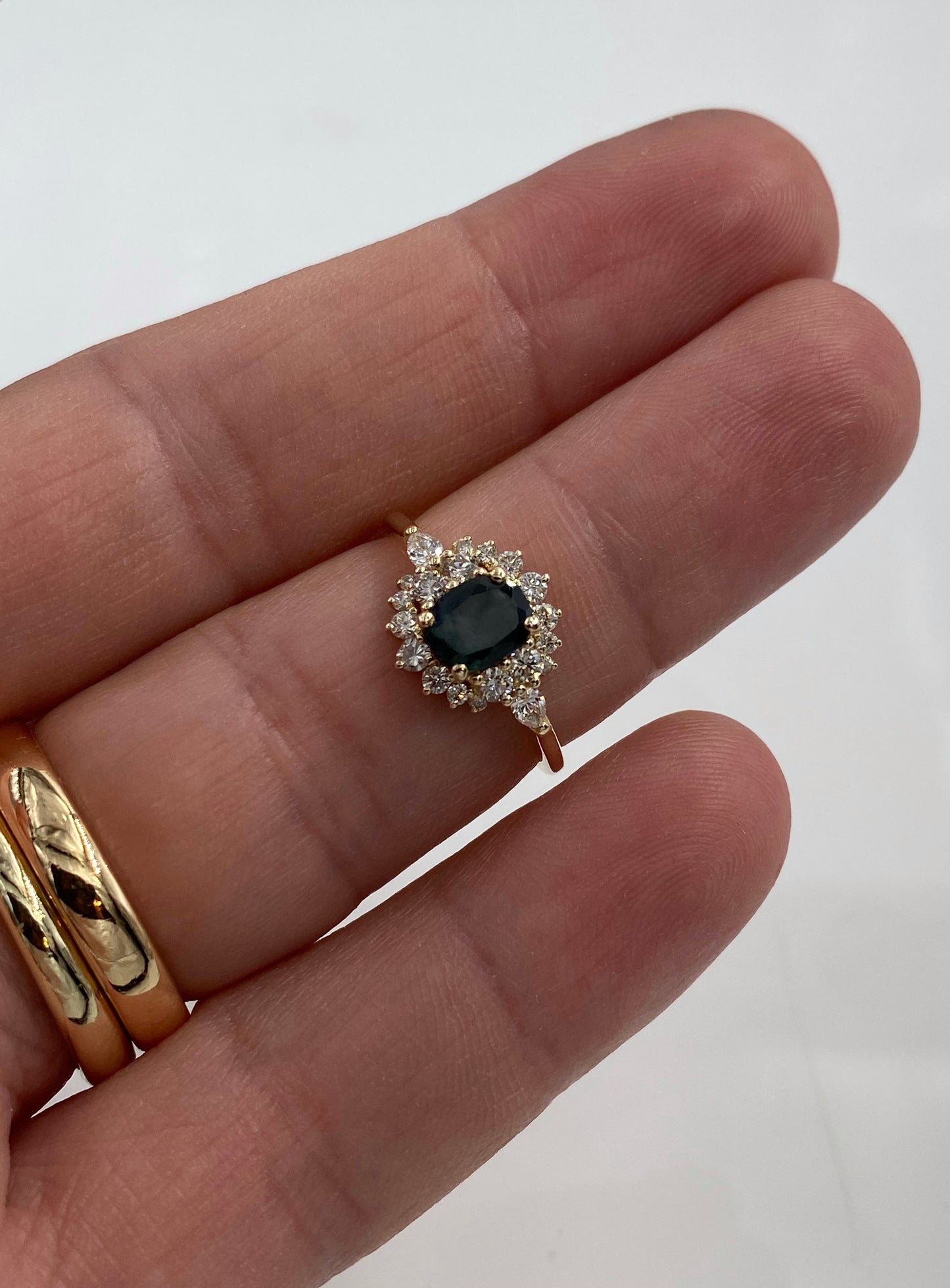 14k Gold Teal Blue Sapphire Ring with Diamond Halo