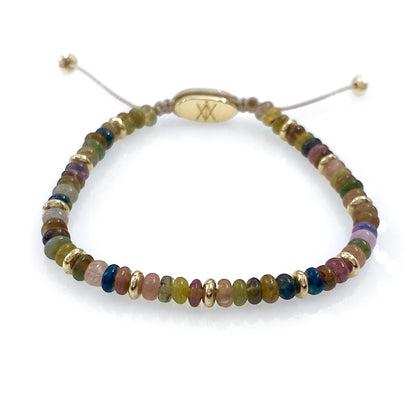 Solid Gold Bead Bracelet with Mixed Color Sapphire Gemstones