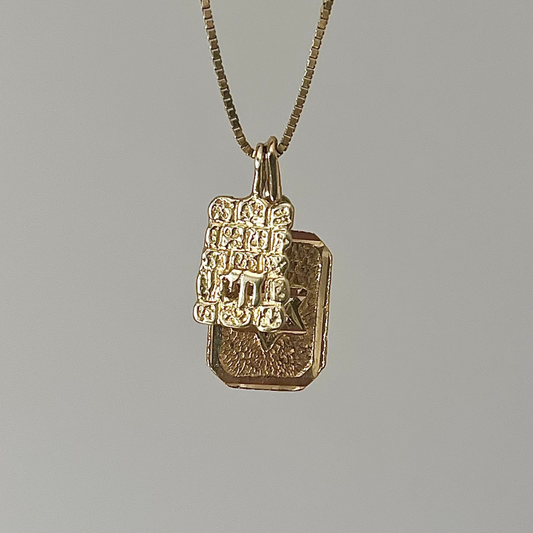 A 14k gold necklace with a chain and two gold pendants, one shaped like a Chai on the western wall and the other resembling a Star of David.