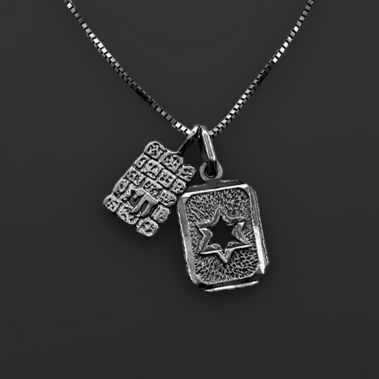 Silver necklace with two pendants on a dark background