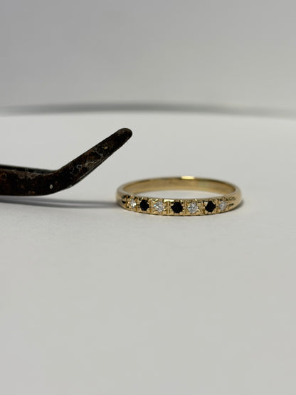 Vintage Half Eternity Ring with Black and White Natural Diamonds - 14K Gold