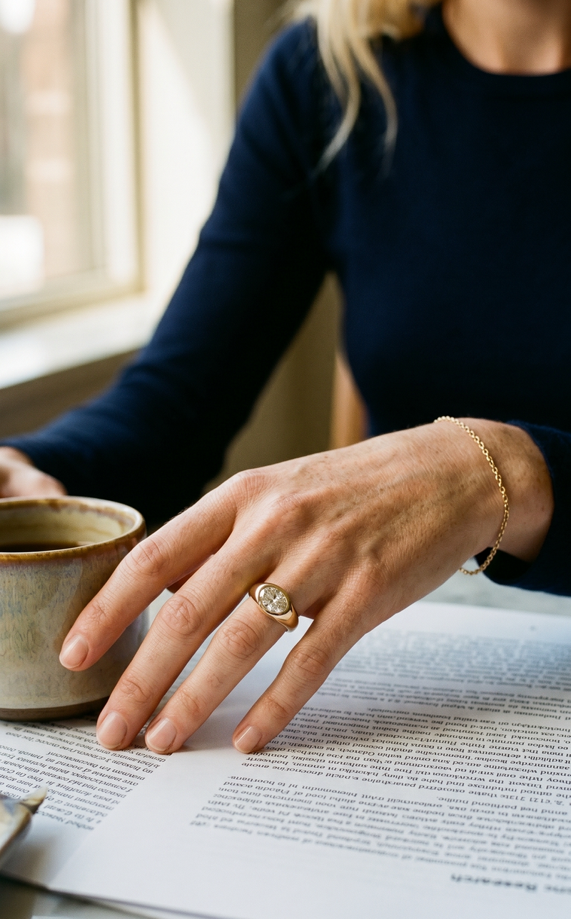 Person holding a mug with a document open on a table