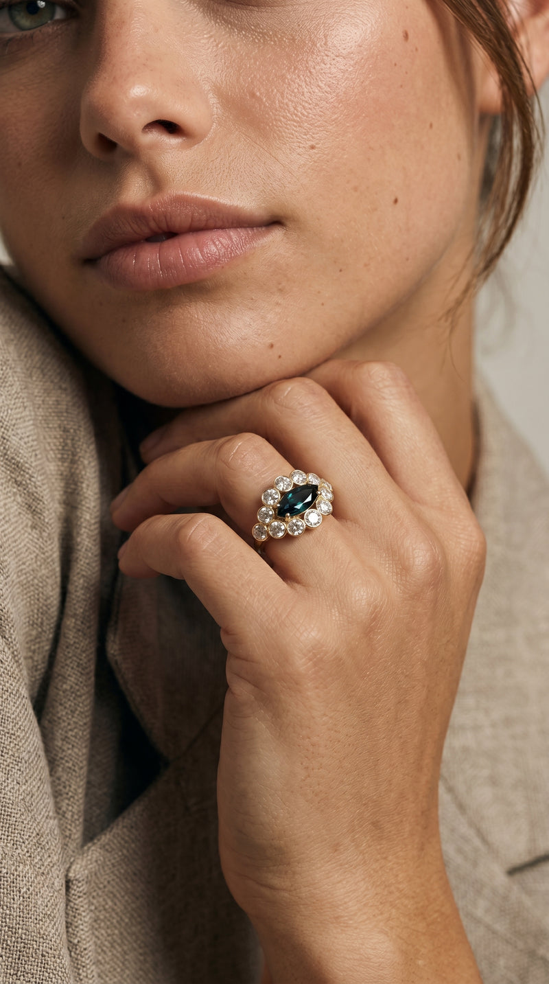 Marquise Sapphire Diamond Halo Ring - 1.30 Carat Diamonds in 14K Gold