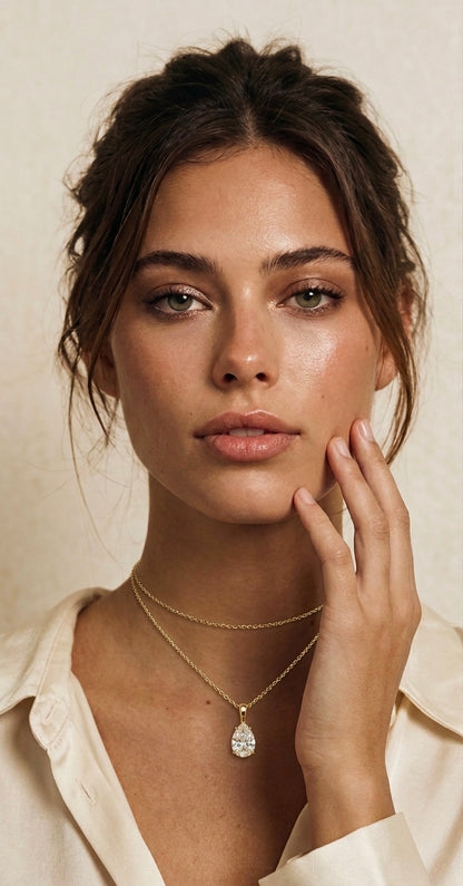Double Diamond Necklace - Pear Cut Diamond Choker Necklace in 14K Gold