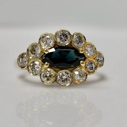 Marquise Sapphire Ring, Sapphire Diamond Ring, Sapphire Halo Ring, 14K Gold Sapphire Ring, Natural Diamond Ring, Lab Grown Diamond Ring, Vintage Sapphire Ring, Blue Sapphire Engagement Ring, Handmade Sapphire Ring, Marquise Cut Sapphire Jewelry.
