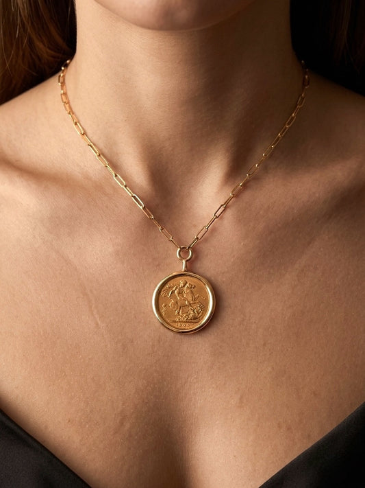 22K Gold Sovereign Coin Necklace - 14K Gold Chain - Vintage Coin Pendant - Handmade Fine Jewelry