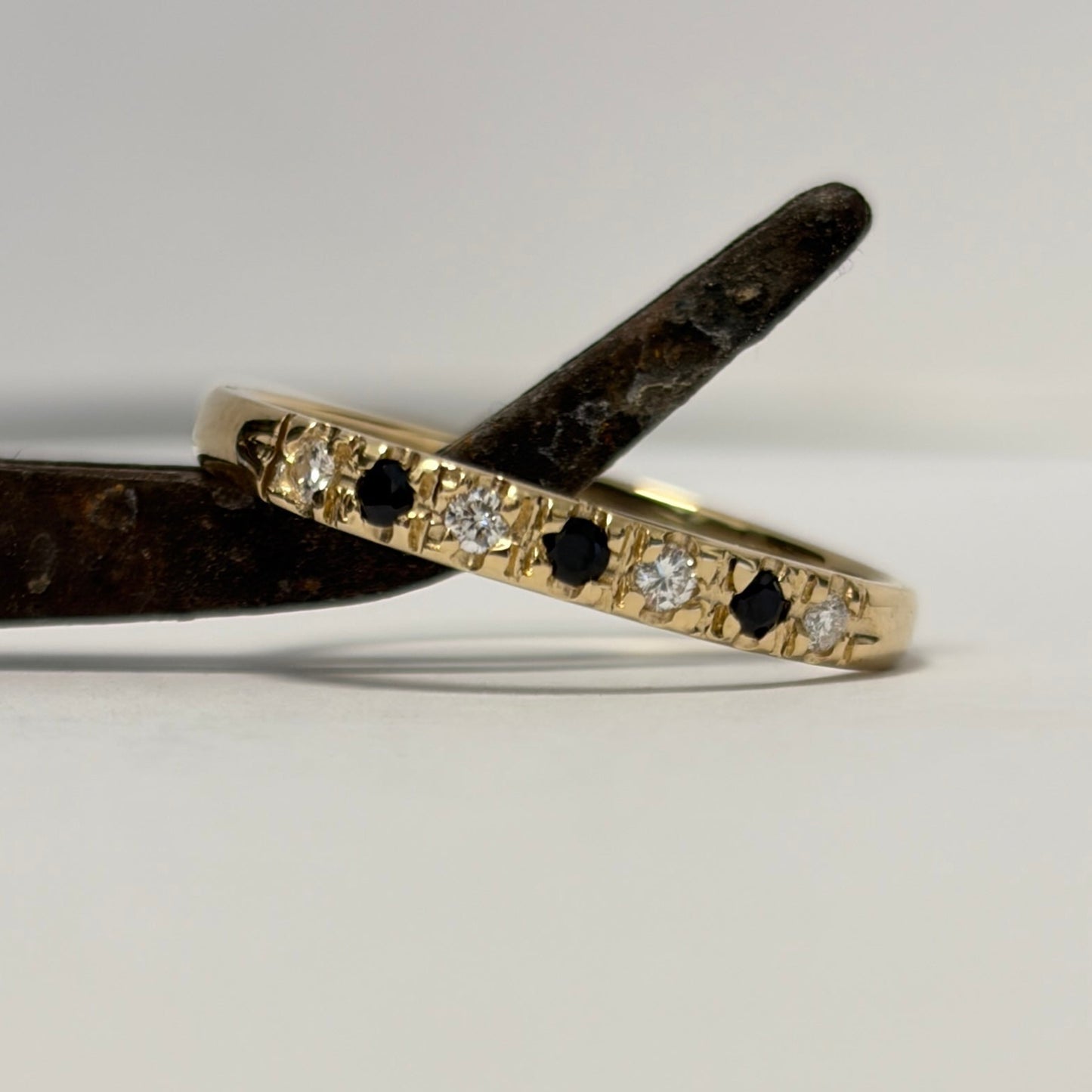 half eternity ring, vintage diamond ring, black and white diamond ring, natural diamond ring, 14k gold ring, handcrafted diamond ring, vintage style ring, luxury diamond jewelry, women’s diamond ring.
