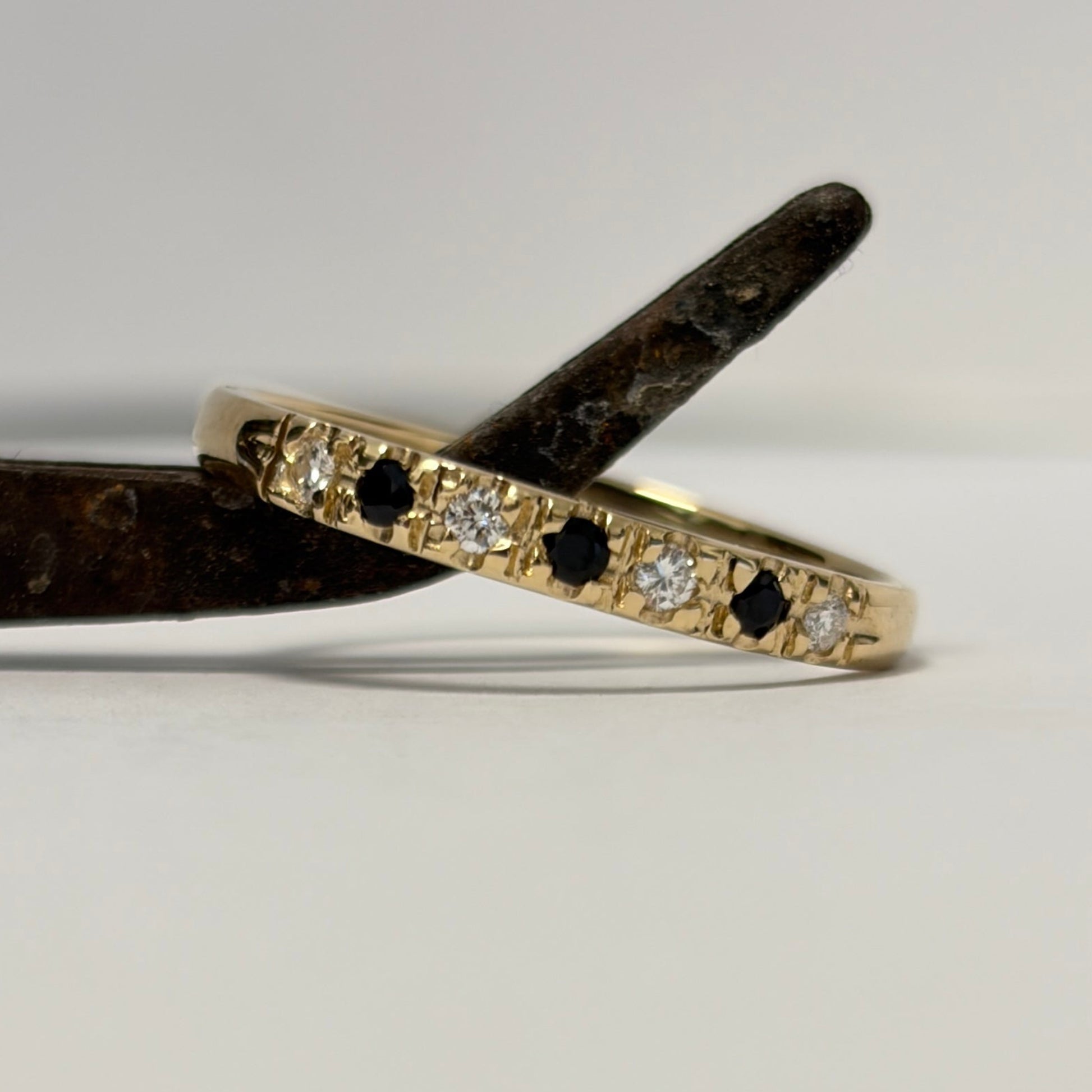 half eternity ring, vintage diamond ring, black and white diamond ring, natural diamond ring, 14k gold ring, handcrafted diamond ring, vintage style ring, luxury diamond jewelry, women’s diamond ring.