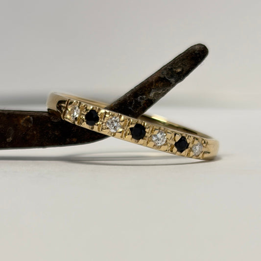 half eternity ring, vintage diamond ring, black and white diamond ring, natural diamond ring, 14k gold ring, handcrafted diamond ring, vintage style ring, luxury diamond jewelry, women’s diamond ring.