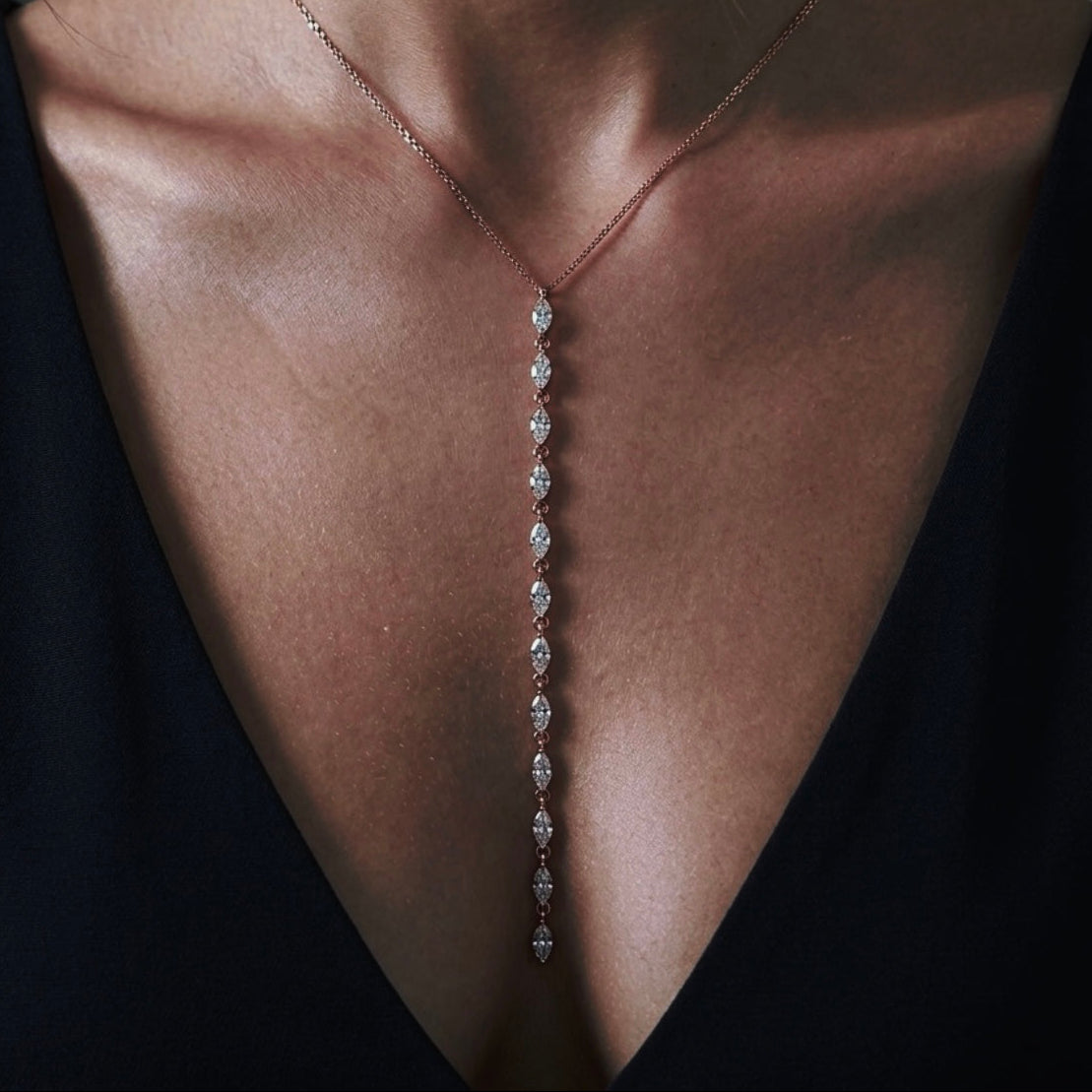 Y necklace, lariat necklace, lab grown diamond necklace, marquise diamond necklace, 14k gold necklace, diamond drop necklace, luxury diamond jewelry, women’s diamond necklace, marquise cut lab diamonds.