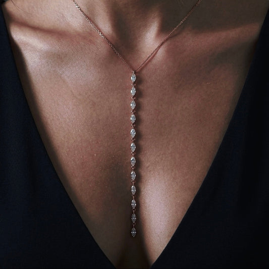Y necklace, lariat necklace, lab grown diamond necklace, marquise diamond necklace, 14k gold necklace, diamond drop necklace, luxury diamond jewelry, women’s diamond necklace, marquise cut lab diamonds.