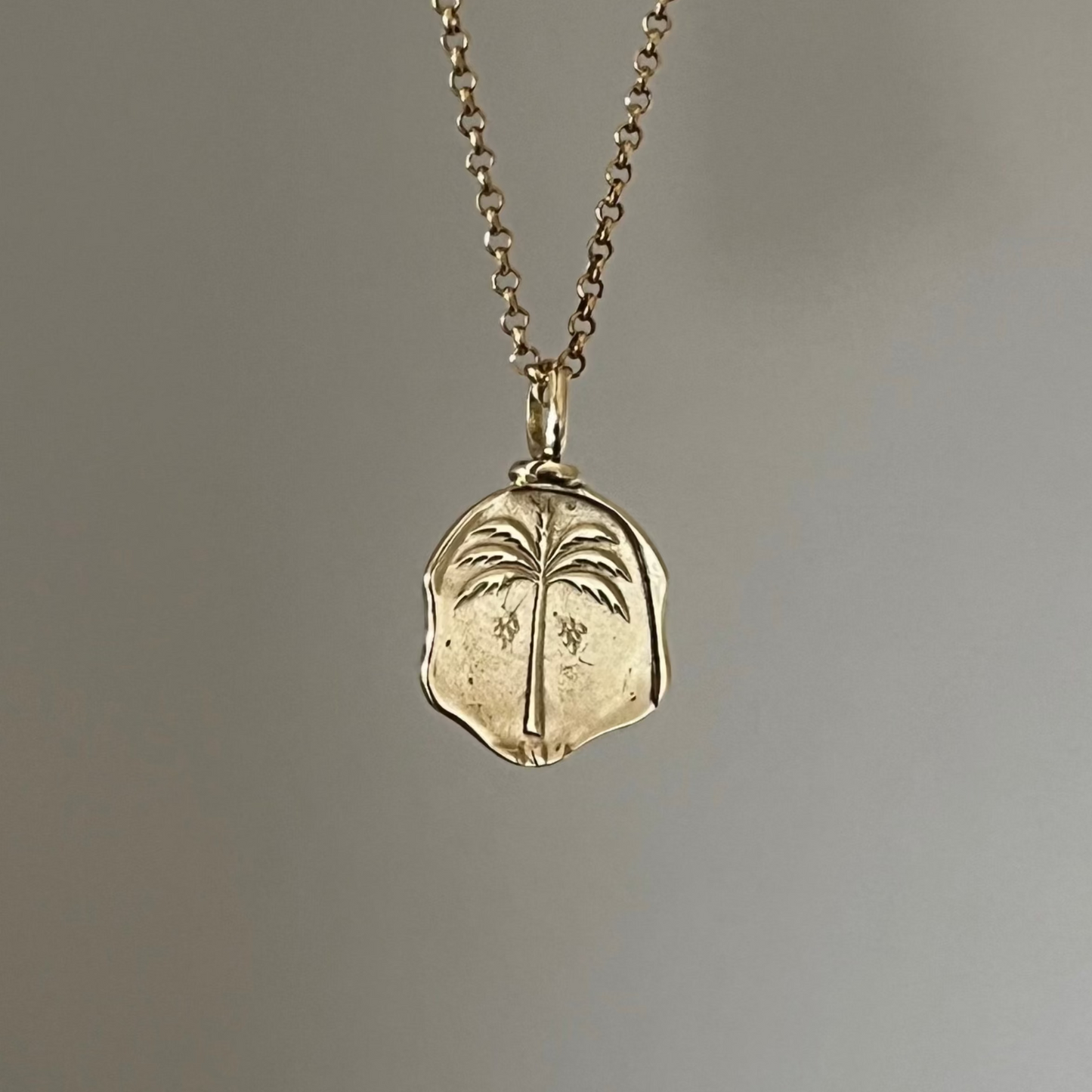 A gold necklace with a coin pendant featuring a palm tree design