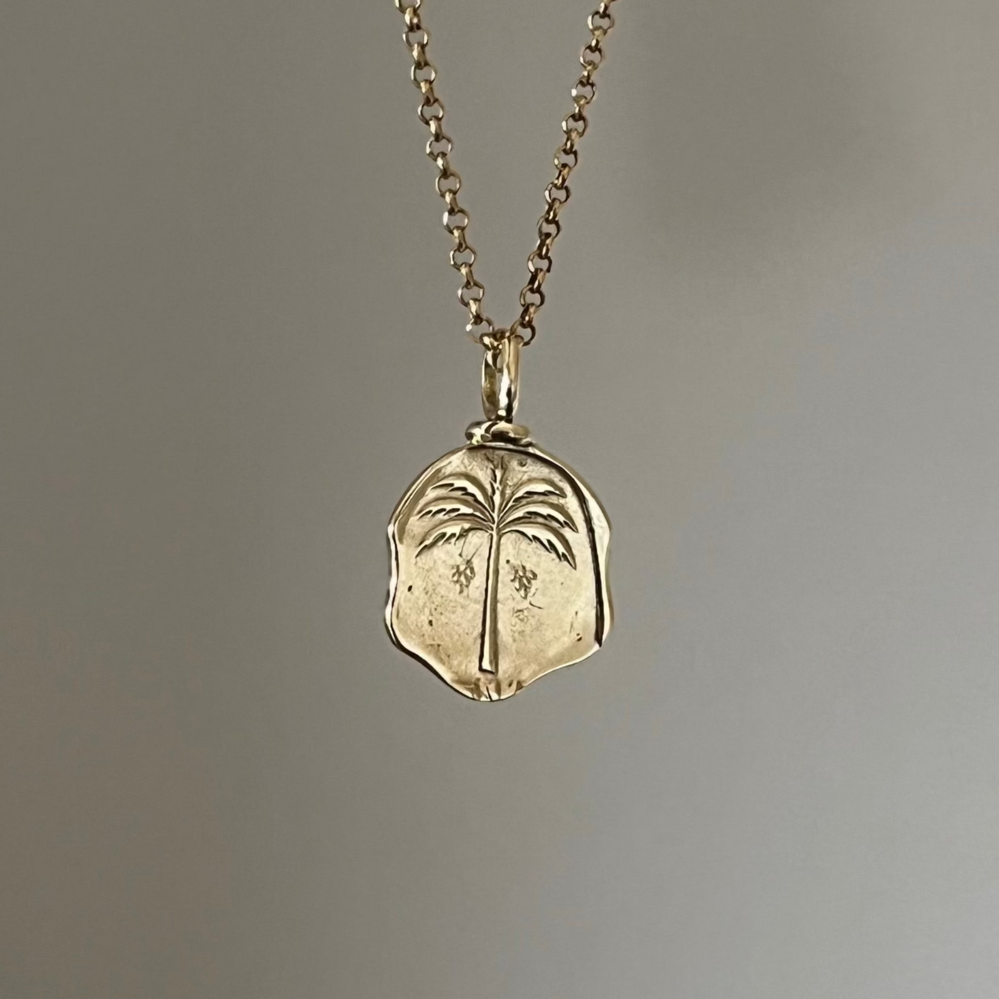 A gold necklace with a coin pendant featuring a palm tree design