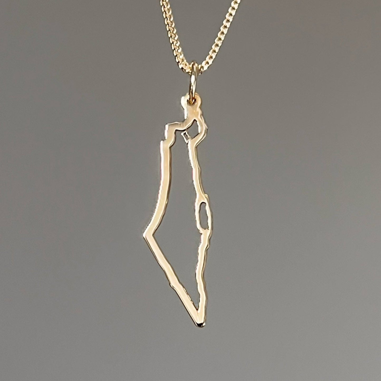 A gold necklace with a pendant in the shape of Israel map outline