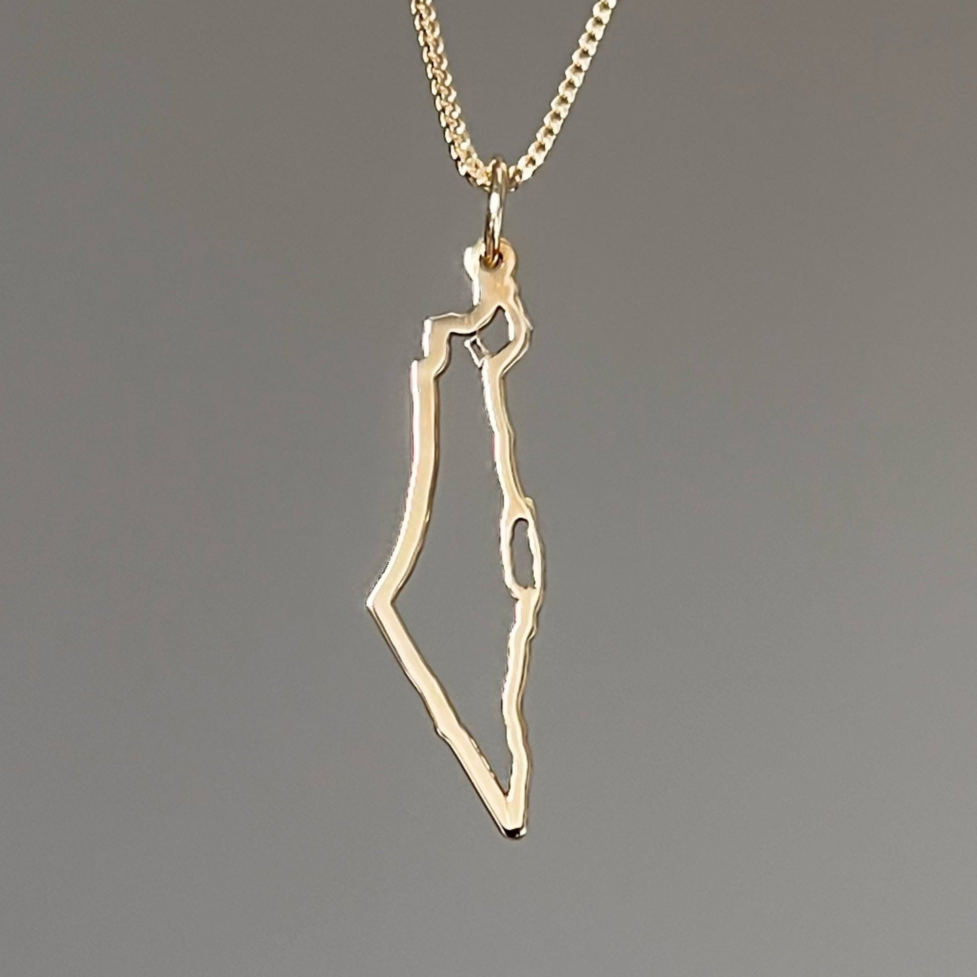 A gold necklace with a pendant in the shape of Israel map outline