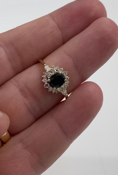 14k Gold Teal Blue Sapphire Ring with Diamond Halo