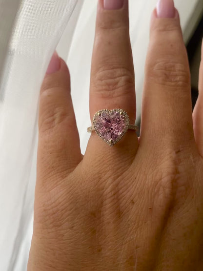 14K Gold Heart-Shaped Pink Morganite Ring with Natural Diamond Halo