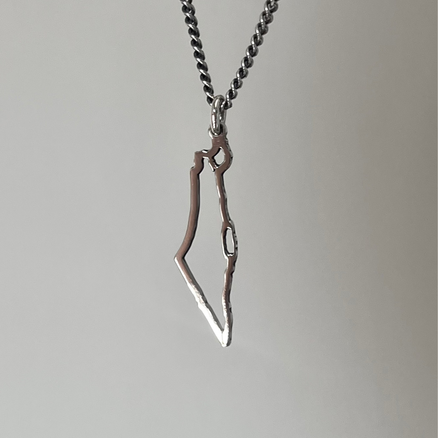 A sterling silver necklace featuring a map of Israel as the pendant.