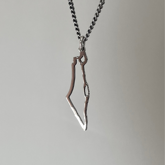 A sterling silver necklace featuring a map of Israel as the pendant.