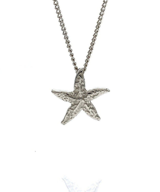A 14k solid gold starfish pendant necklace on a curb chain.