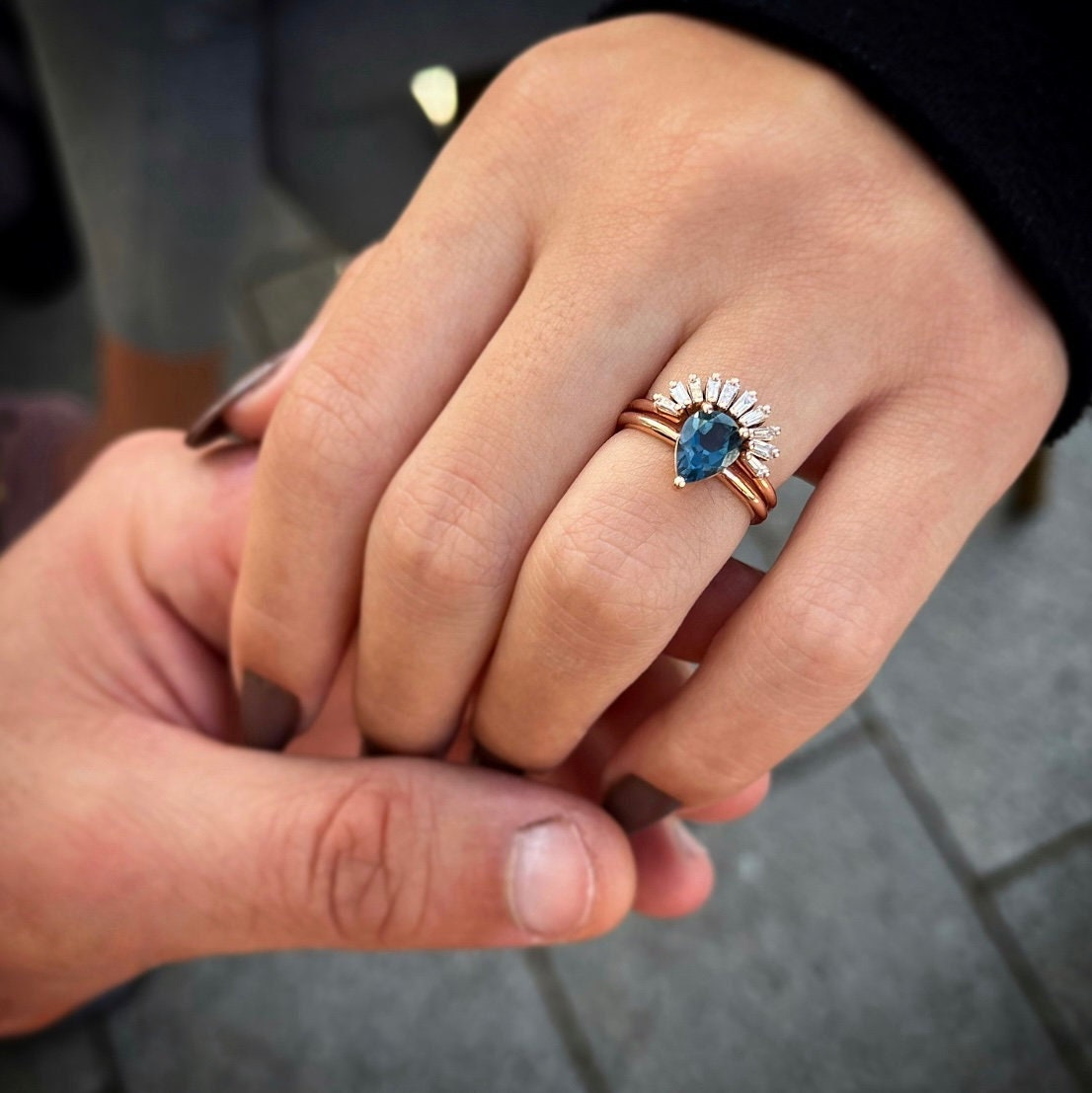 Pear Sapphire and Tapered Baguette Diamonds Nesting Ring Set